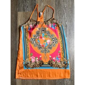 H&M Divided Tank Top Women Size 4 Orange Leopard Scarf Print Racerback Excellent